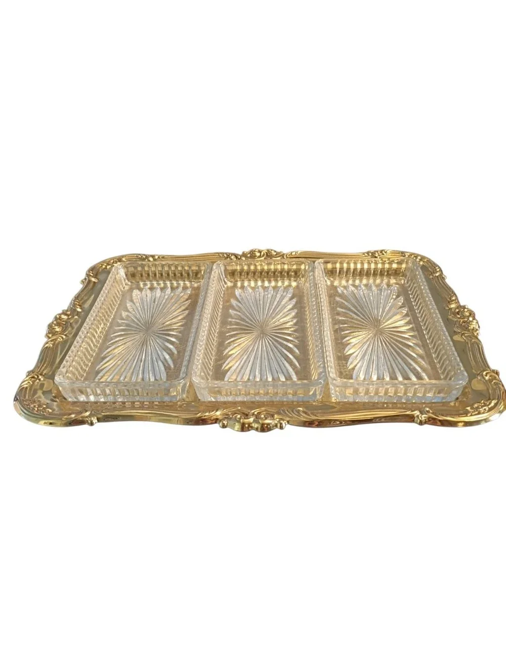Vintage Copper Craft Brass Relish Tray With Starburst Crystal Inserts EUC